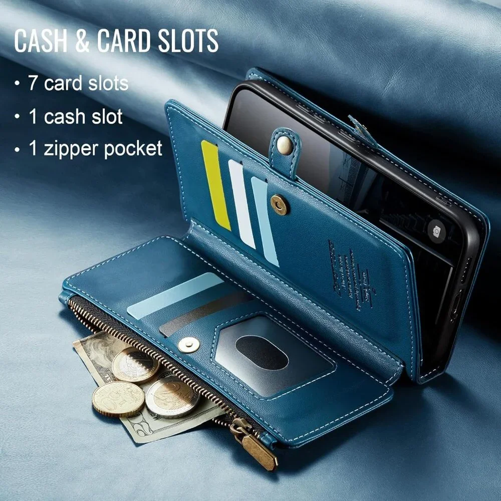 Wallet Case for Samsung Galaxy S24: RFID Blocking, Zipper & Wrist Strap - Blue